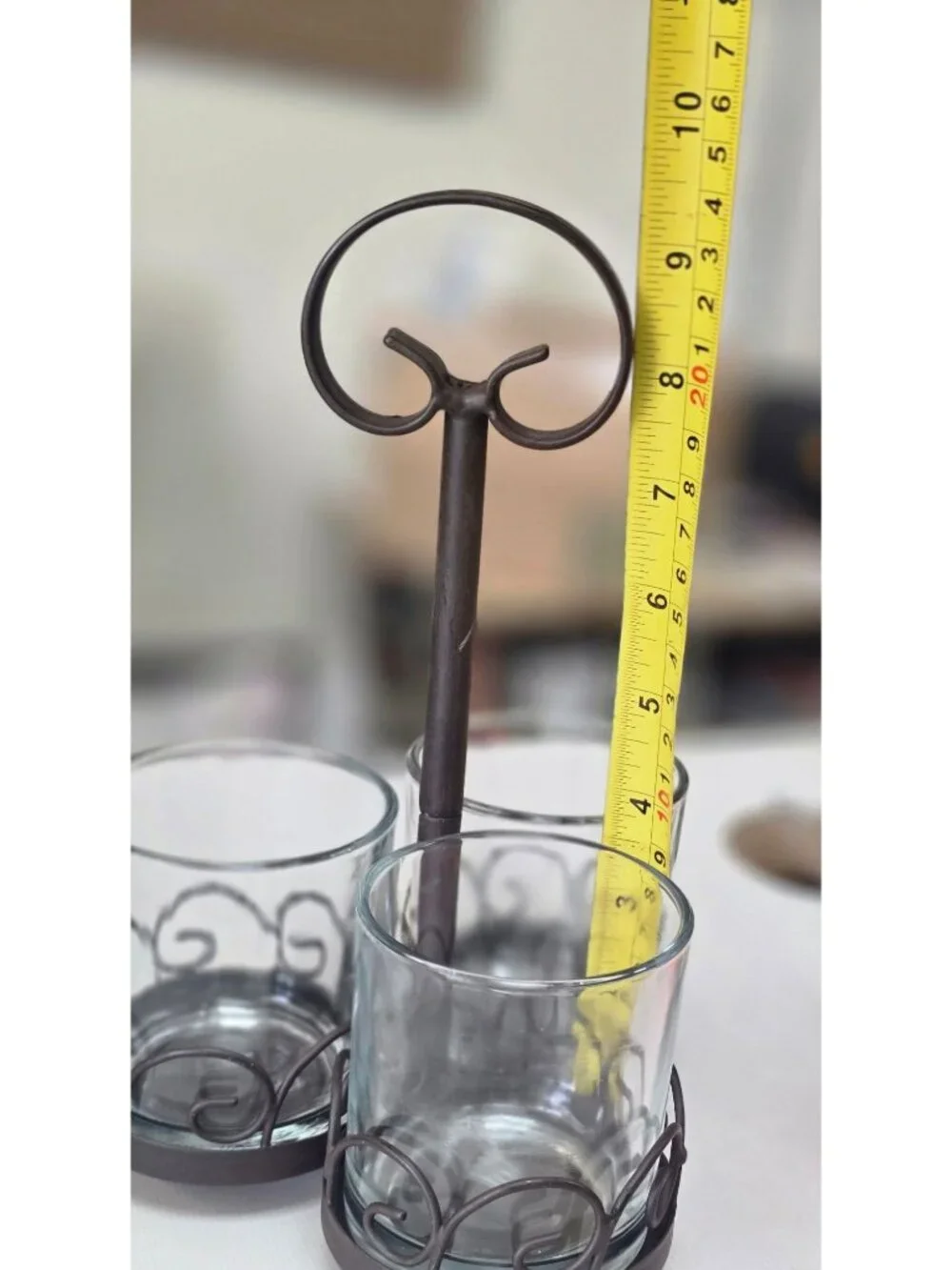 Rustic Metal Candle Holder Caddy 3 Glass Cups Brown Scroll Tealight Votive